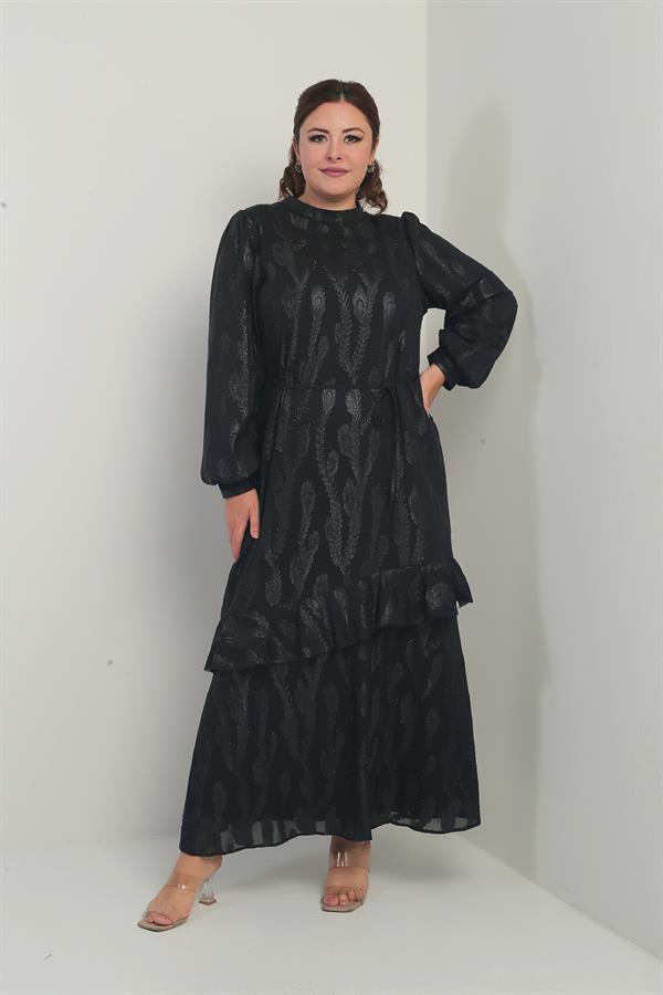 Kadın Beli İpli Astarlı Baskılı Fırfırlı Büyük Beden ŞifonTesettür Elbise