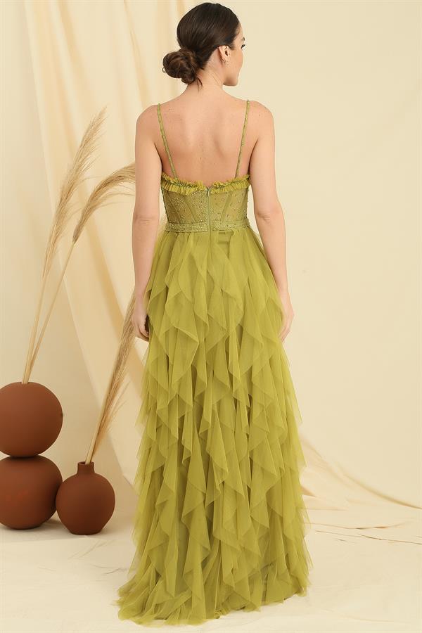 Beaded Strappy Strapless Handkerchief Dress with Fringed Lining and Long Tulle