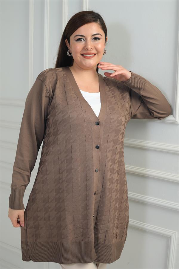 Kadın Büyük Kazayağı Desen Soğuk İplik Büyük Beden Uzun Hırka