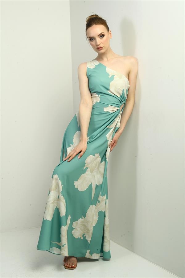 Women's One Shoulder Side Window Large Leaf Patterned Long Crepe Satin Dress