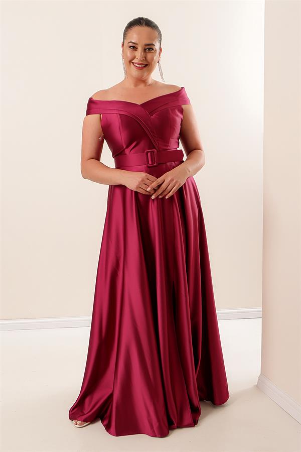 Madonna Neckline Belted Lined Slit Plus Size Long Satin Dress