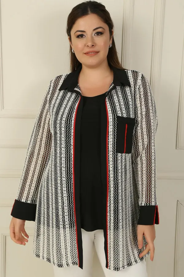 Tek Cepli Biyeli File Ceket Bluz Büyük Beden 2'li Takım