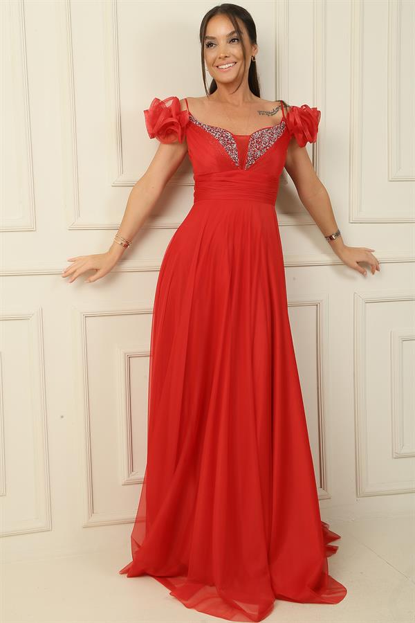 Front and Back V-Neck Strappy Short Sleeved Long Tulle Dress with Rhinestone Embellishment and Lining