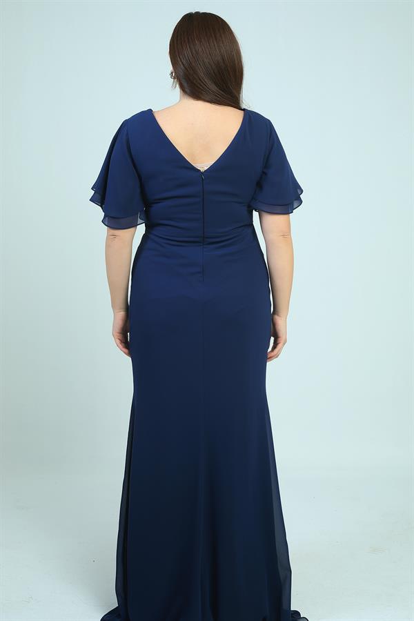 Women's Back V-Neck Lined Waist Beaded Detail Dart-Style Plus Size Crepe Chiffon Dress