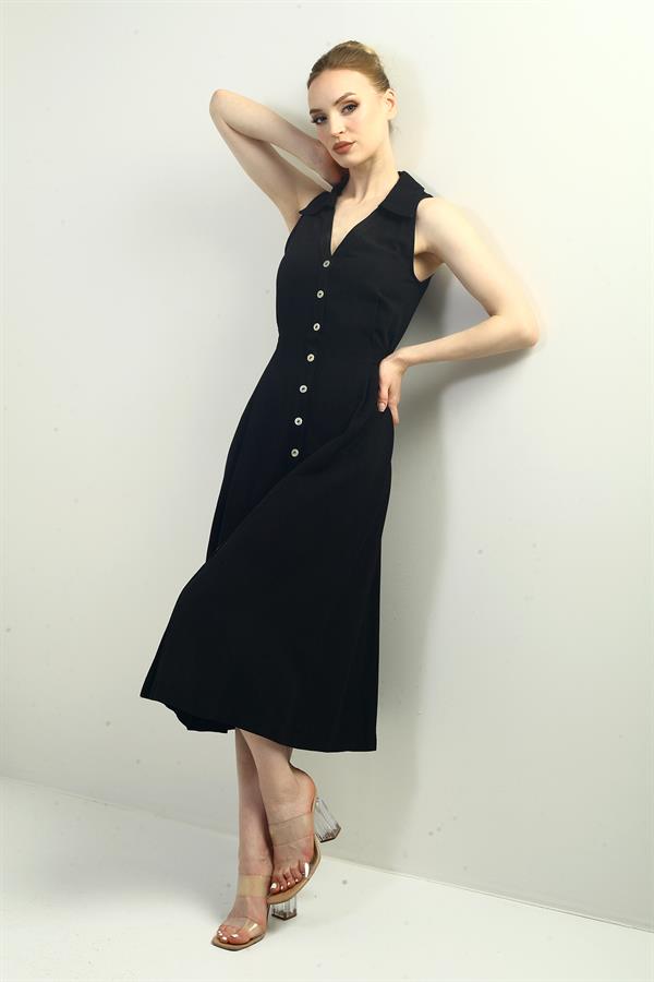 Robe midi en lin à col polo pour femme, ornée d'un pli sur le devant et de boutons.