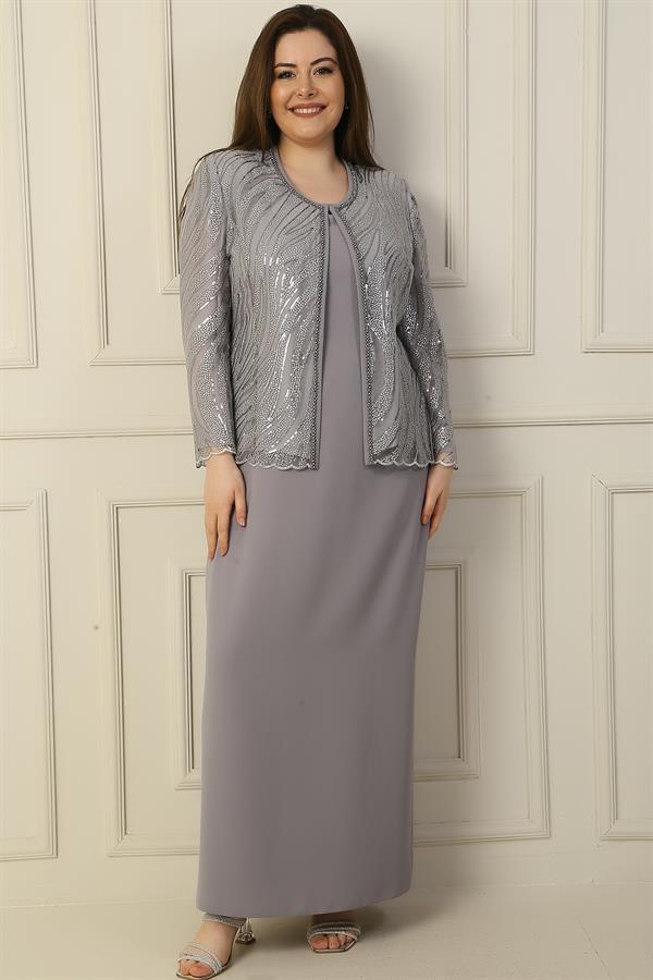 Robe longue à manches demi-lune avec veste en tulle brodée de perles et de sequins, doublée, ensemble deux pièces grande taille