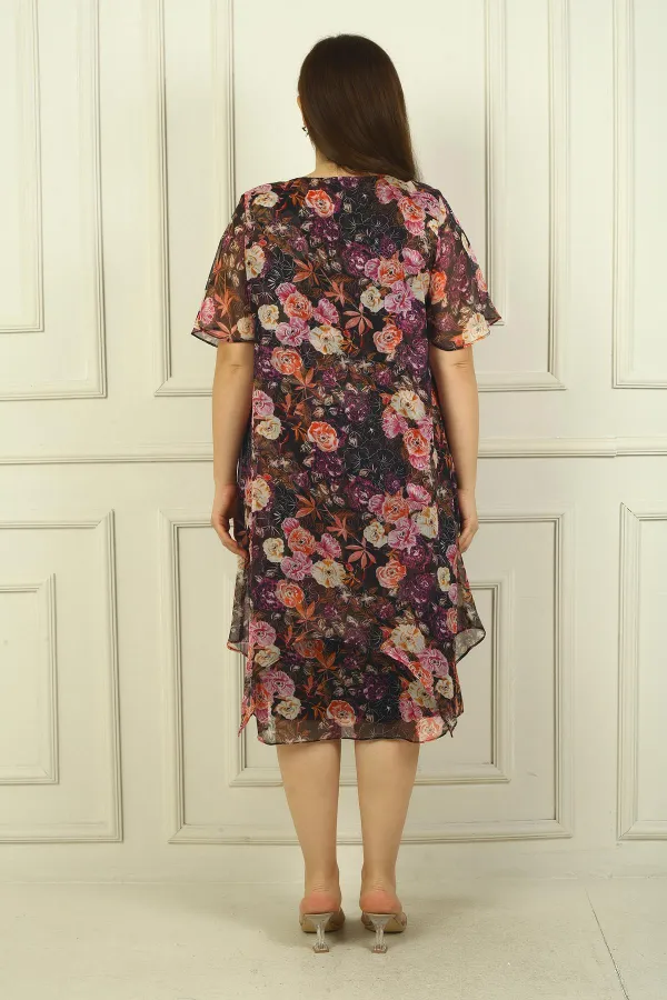 Women's Round Neck Short Sleeve Lined Double Layer Floral Plus Size Chiffon Dress