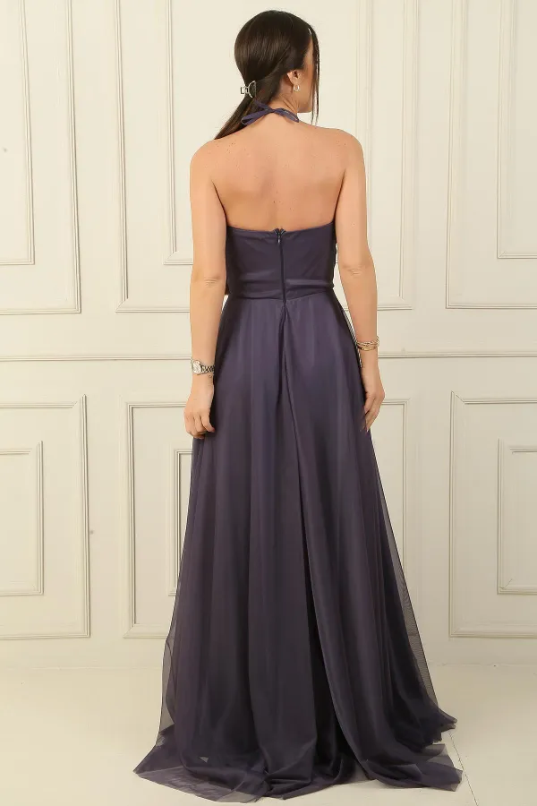 Önü Drapeli Taş Detaylı Astarlı Uzun Tül Abiye Elbise