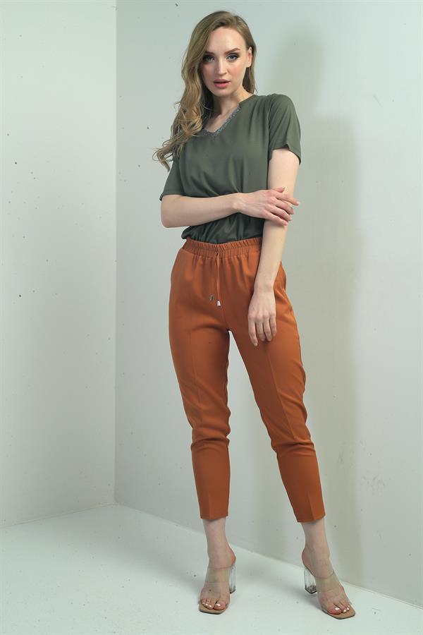 Pantalon carotte pour femme, taille élastique, poches latérales