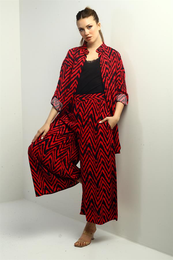 Women's Side Slit Tunic Shirt, Elastic Waist Palazzo Pants, Zigzag Pattern Oversize 2-Piece Set