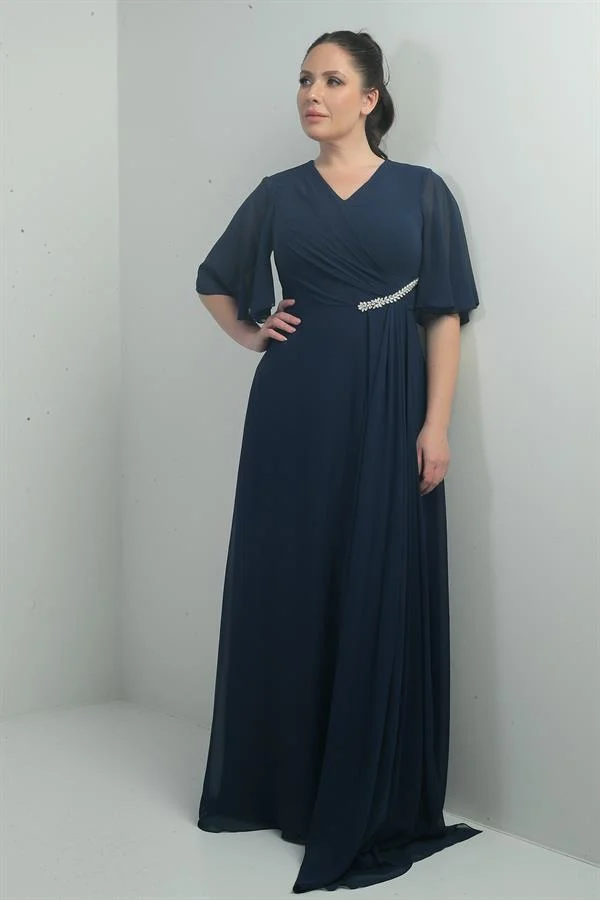 Robe longue en mousseline pour femme, grande taille, col en V, ceinture ornée de pierres, drapée et doublée