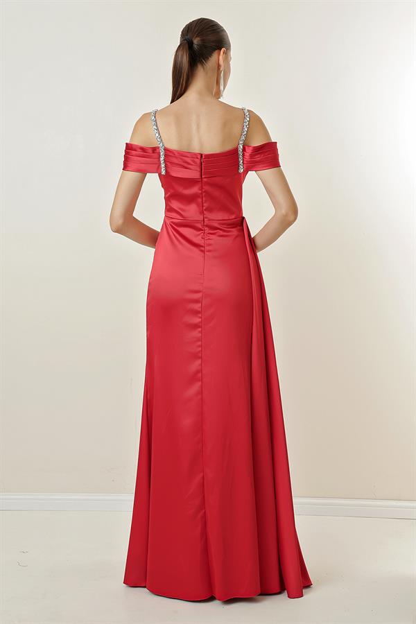 Stone Detailed Thin Strap Low Sleeve Lined Long Satin Dress