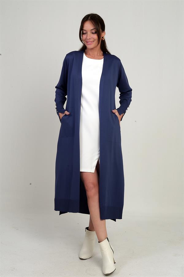 Women's Long Cardigan with Button Detailed Sleeves, Pockets and Side Slits