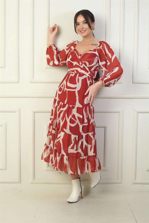 Robe portefeuille en mousseline à encolure Madonna, doublée, à nœuds croisés et motif abstrait