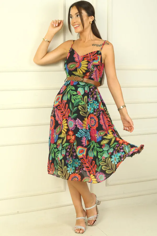 Chiffon Dress with Rope Straps, Belted Waist, Mixed Floral Pattern, Lined Pleated Skirt