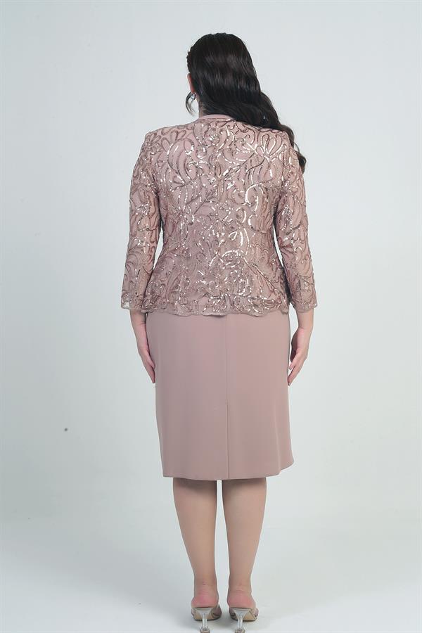 Ensemble 2 pièces pour femme, comprenant une veste en tulle ornée de sequins et de perles, une robe courte à manches demi-lune en crêpe doublée et un pantalon grande taille.