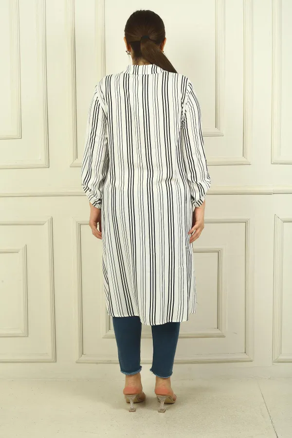 Kadın Sahte Tek Cepli Kol Katlamalı Boyuna Çizgili Büyük Beden Uzun Tunik Gömlek