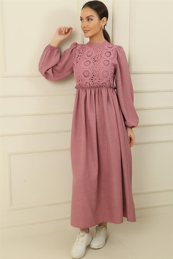 Lace Linen Effect Long Dress