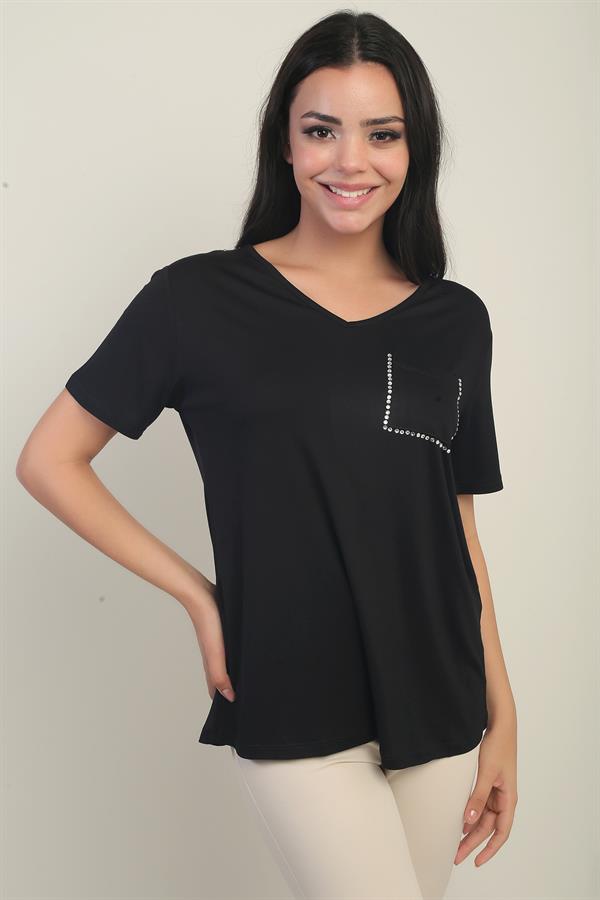 Women's V-Neck Blouse with Stone Embellishments on Shoulders and Pockets, Made of Lycra