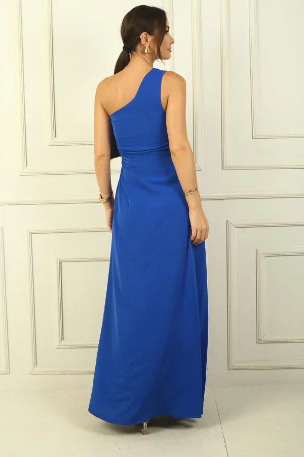 Women's One-Shoulder Long Crepe Satin Dress with Side Window Detail