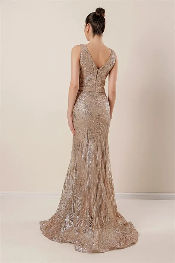 Thick Strap Ghost Tulle Lined Glittery Long Dress