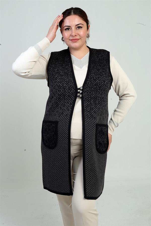 Gilet long en maille à poches, motif mini, fermeture à 3 boutons, grande taille, pour femme