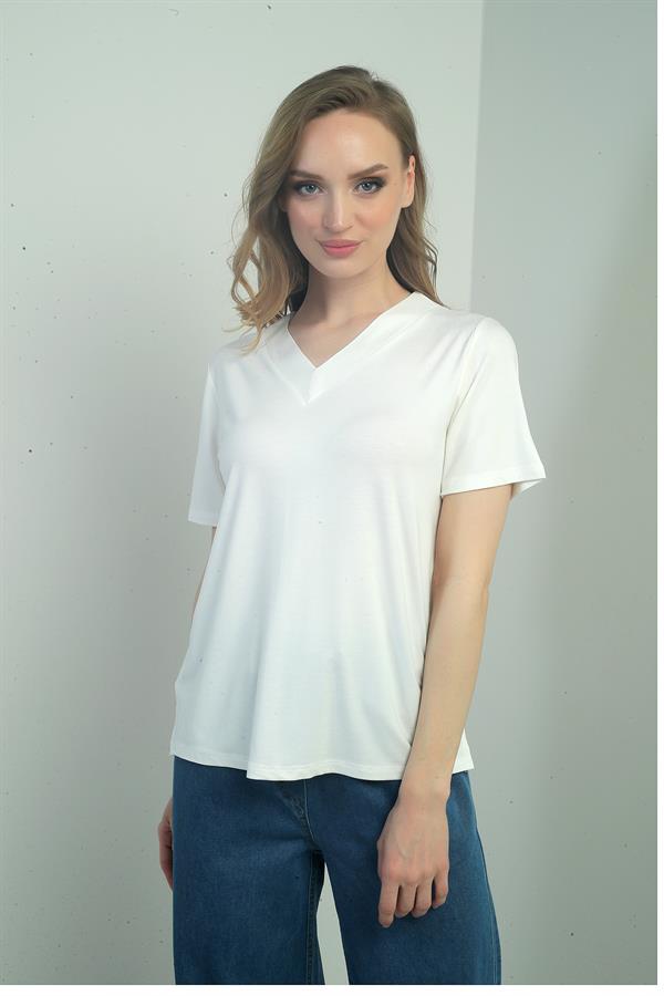 Women's V-Neck Short-Sleeve Blouse with Slit