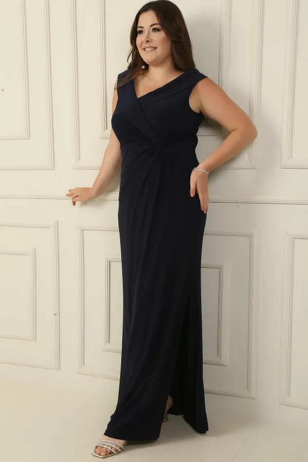 Kruvaze Yaka Önü Düğüm Detaylı Astarlı Yırtmaçlı Büyük Beden Likralı Uzun Elbise