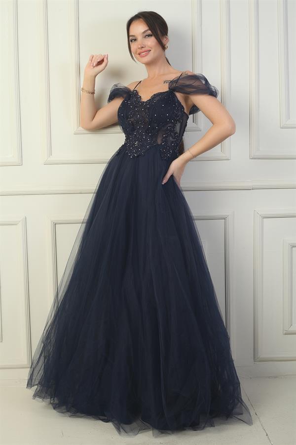 Kadın Ön Arka V Yaka Astarlı Düşük Kollu Üstü Aplike İşleme Prenses Abiye Elbise