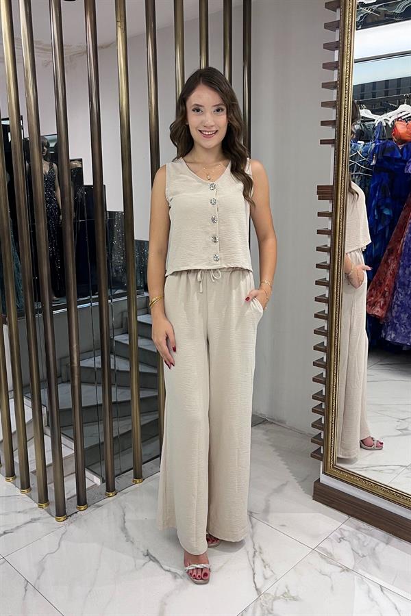 Women's V-Neck Button-Front Blouse, Elastic Waist, Pocketed Palazzo Pants Ayrobin 2-Piece Set