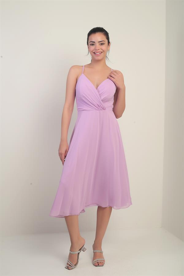 Women's Strappy Wrap Neckline Lined Lace-Up Back Flared Chiffon Dress