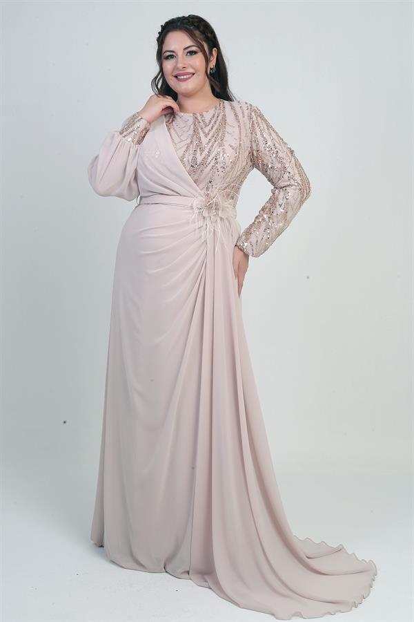 Robe longue en mousseline grande taille pour femme, ornée de sequins et de perles, doublée et à taille fleurie.