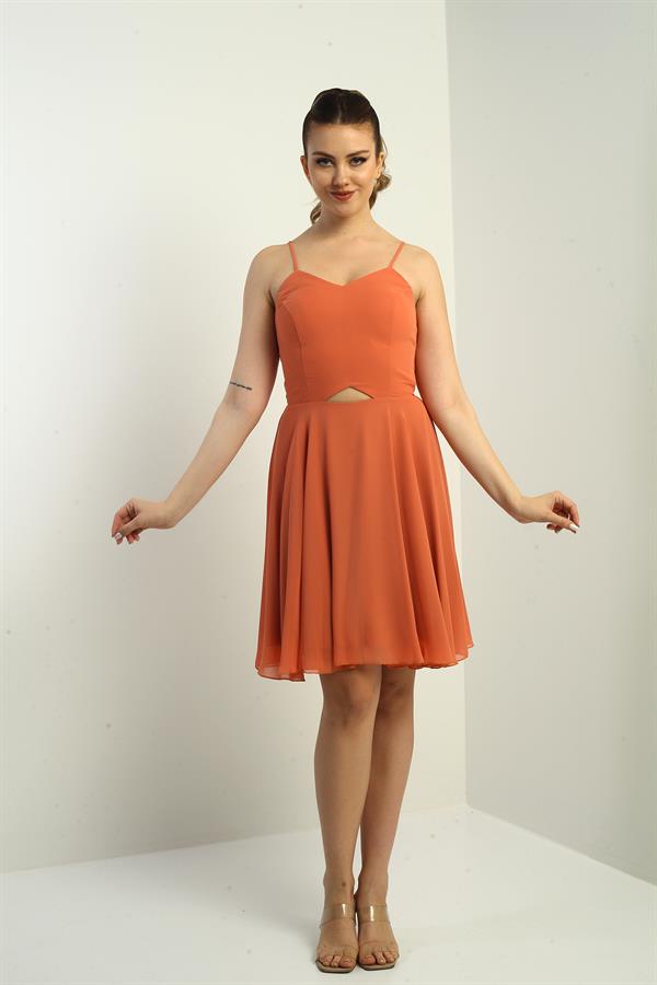 Kadın İp Askılı Arkası Bağlamalı Önü Pencereli Astarlı Şifon Kısa Kloş Elbise