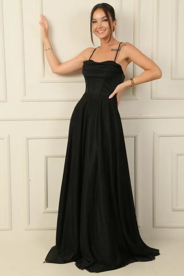 İp Askılı Balenli Üstü Drapeli Astarlı Tül Simli Uzun Abiye Elbise