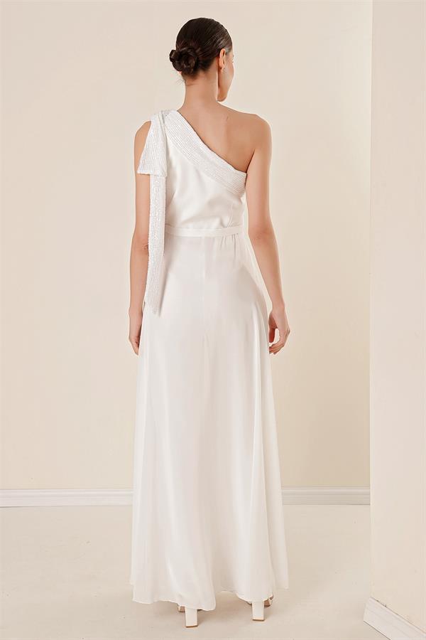 Pulpayet Yaka Tek Omuzlu Üstü Şifon Krep Tulum