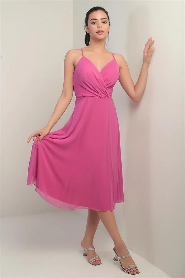 Women's Strappy Wrap Neckline Lined Lace-Up Back Flared Chiffon Dress