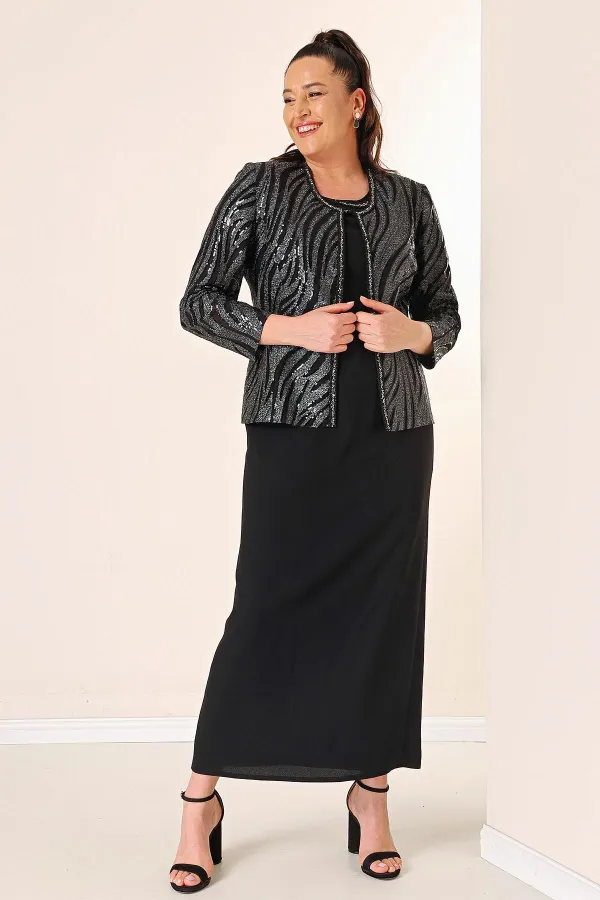 Sequin Jacket Half Moon Sleeve Lined Crepe Dress Plus Size 2-Piece Suit