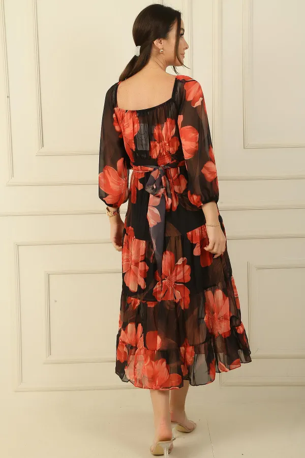 Madonna Collar Lined Cross-Lace Floral Double Breasted Chiffon Dress