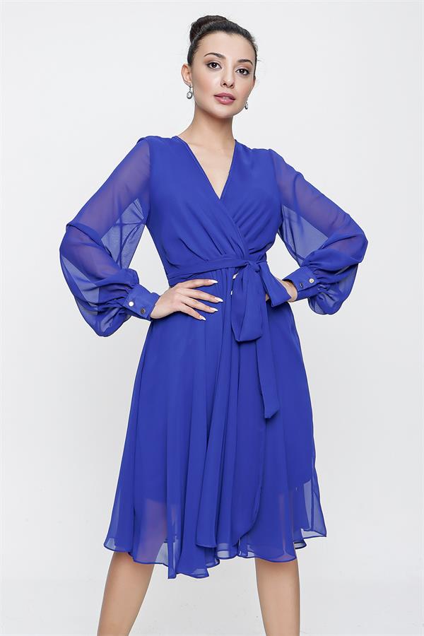 Kruvaze Yaka Uzun Kollu Astarlı Şifon Elbise