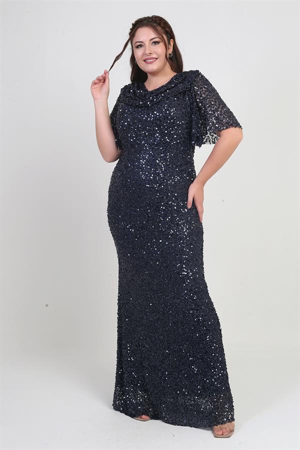 Kadın Degaje Yaka Kısa Kollu Astarlı Pullu Büyük Beden Likralı Elbise