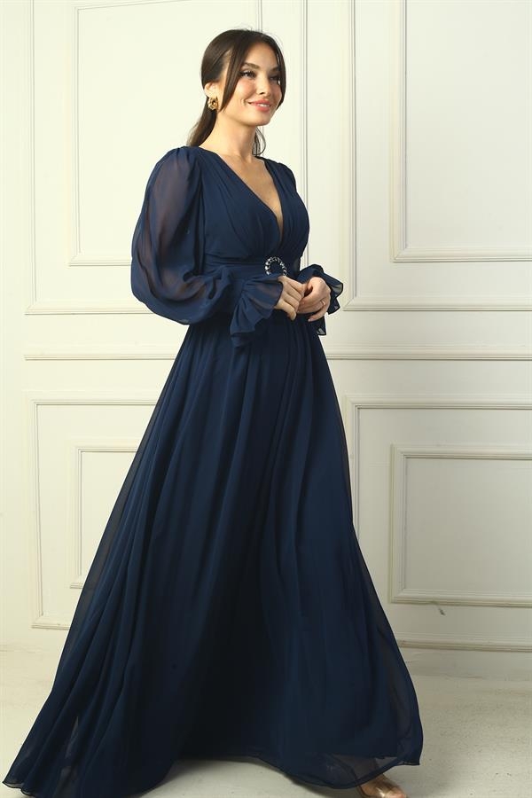 Kadın V Yaka Beli Tokalı Astarlı Şifon Uzun Abiye Elbise