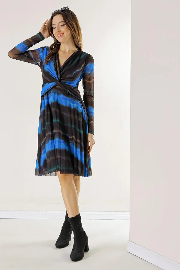 Double-Breasted, Lined, Front Knotted Wave Pattern Pleated Tulle Dress