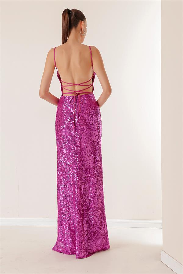 İp Askılı Önü Drapeli Arkası Bağcıklı Astarlı Uzun Pulpayet Elbise