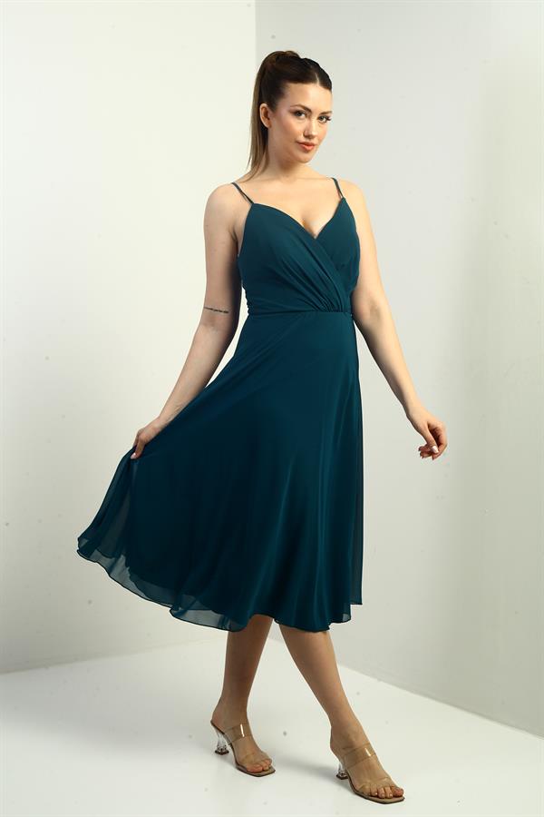 Women's Strappy Wrap Neckline Lined Lace-Up Back Flared Chiffon Dress