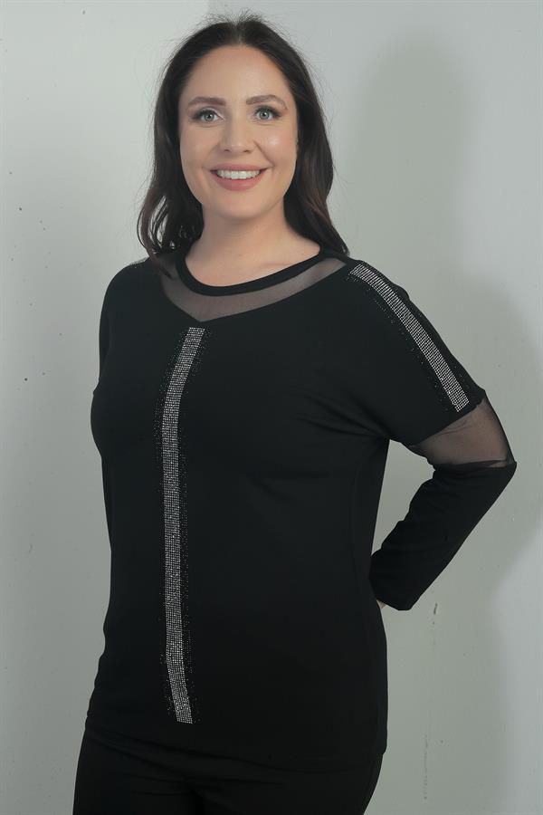 Kadın Taş Ve Tül Detaylı Likralı Çilek Büyük Beden Bluz