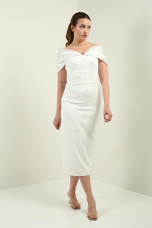 Women's Taffeta Madonna Collar Front Pearl Detailed Lined Evening Dress