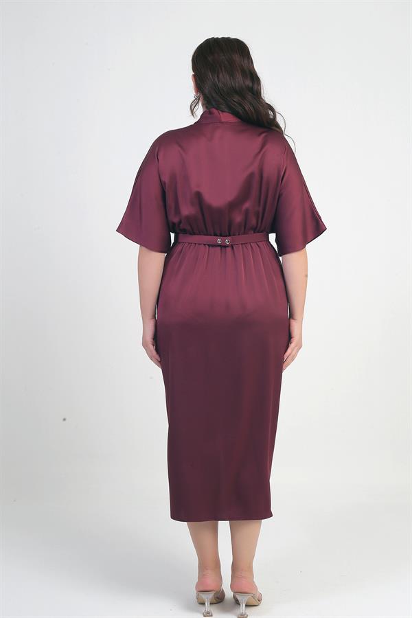 Women's Wrap Neck Short Batwing Sleeve Double Pleated Crepe Satin Plus Size Midi Designer Dress