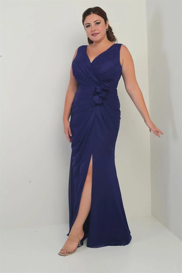 Robe longue en tulle grande taille pour femme, décolleté en V devant et dos, doublure sur le devant, imprimé floral 3D moucheté.