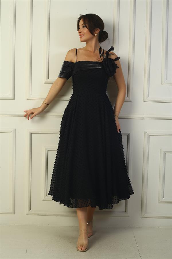 Women's Strappy Back Lace-up Dropped One-Sleeve Dress with Feather Brooch and Lined Glossy Fabric