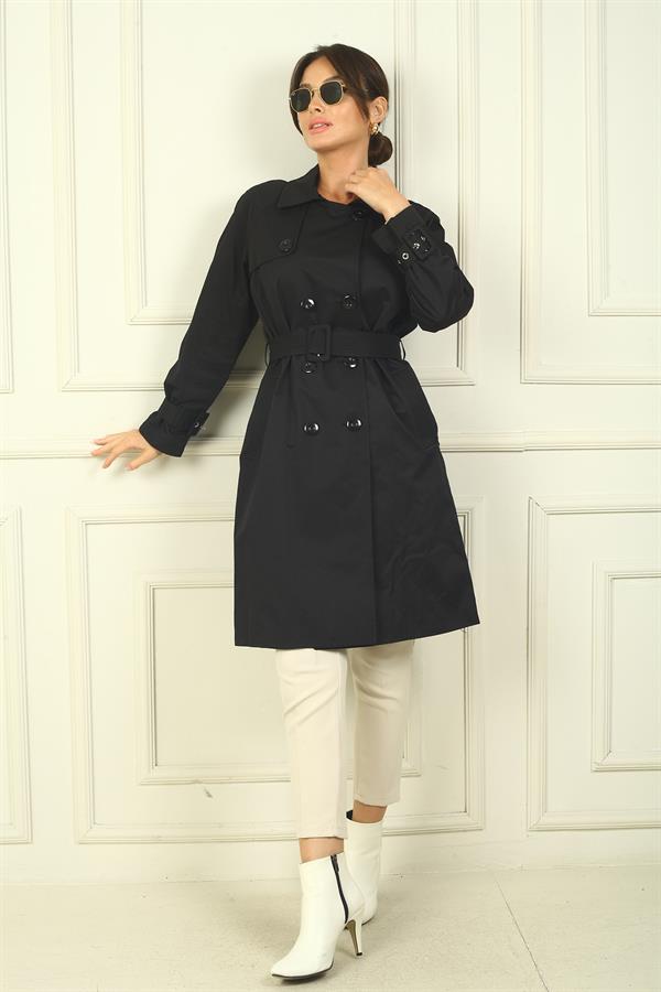 Kadın Beli Ve Kolları Kemerli Önü Düğmeli Cepli Pardesü